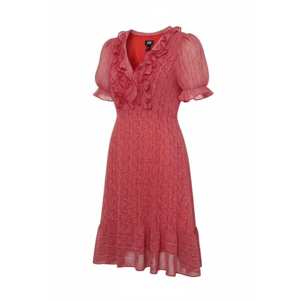 NWOTβH&M Polka Dot Ruffle V-Neck Puff Sleeve Tiered Mini Dress Red White Size XS